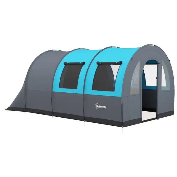 Outsunny Six Man Duo Room Tunnel Tent, with Accessories - Grey/Blue - 1
