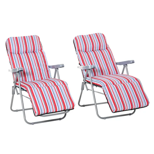 Outsunny Set of 2 Garden Sun Lounger Outdoor Reclining Seat Cushioned Seat Foldable Adjustable Recliner Red and White - 1