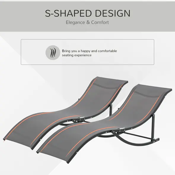 Outsunny Set of 2 S-shaped Foldable Lounge Chair Sun Lounger Reclining Outdoor Chair for Patio Beach Garden, Grey - 5