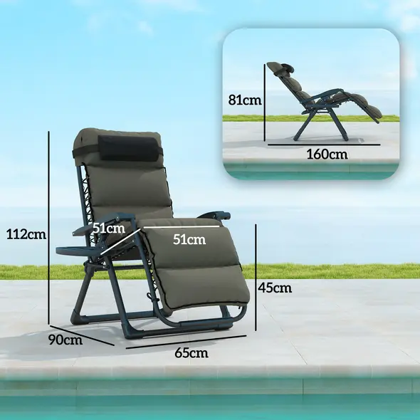 Outsunny Set of Two Reclining Sun Loungers, with Cushion - Grey - 3