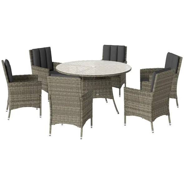 Outsunny Seven-Piece Rattan Dining Table, with Round Glass-Top Table - Light Grey - 1