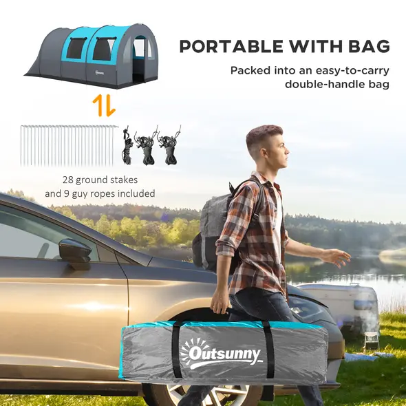 Outsunny Six Man Duo Room Tunnel Tent, with Accessories - Grey/Blue - 7