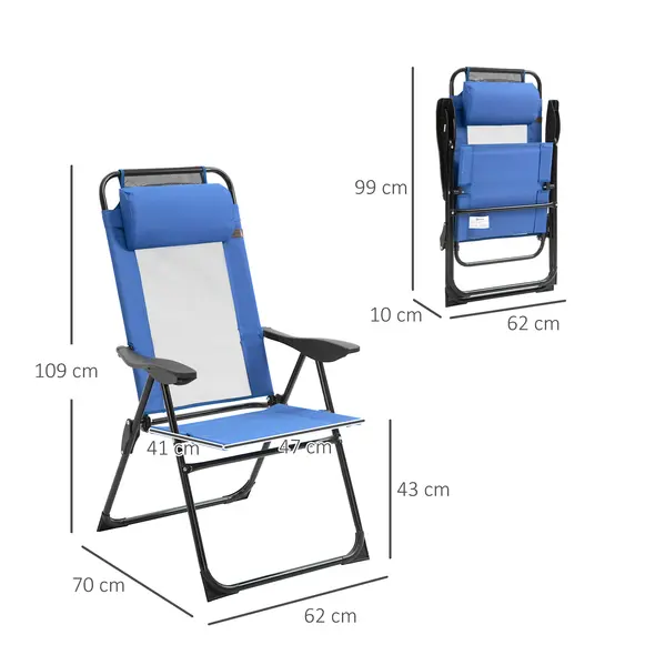 Outsunny Set of 2 Portable Folding Recliner Metal Outdoor Patio Chaise Lounge Chairs with Adjustable Backrest, Blue - 3
