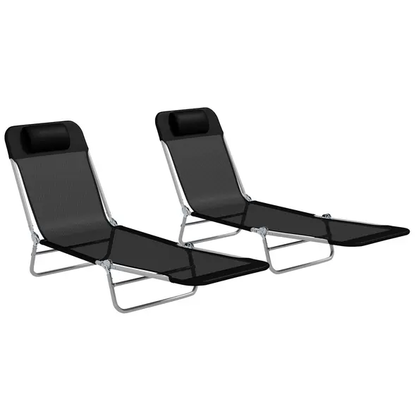 Outsunny Set of Two Steel Frame Sun Loungers, with Reclining Backs - Black - 1