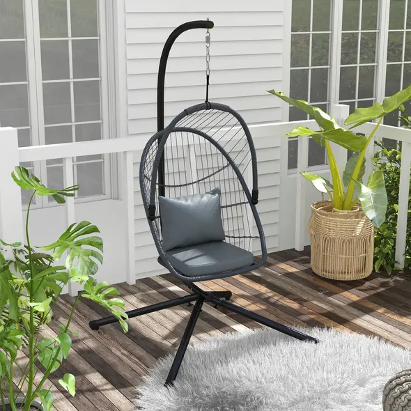 Outsunny Single Egg Chair, with Steel Frame Stand - Grey - 2