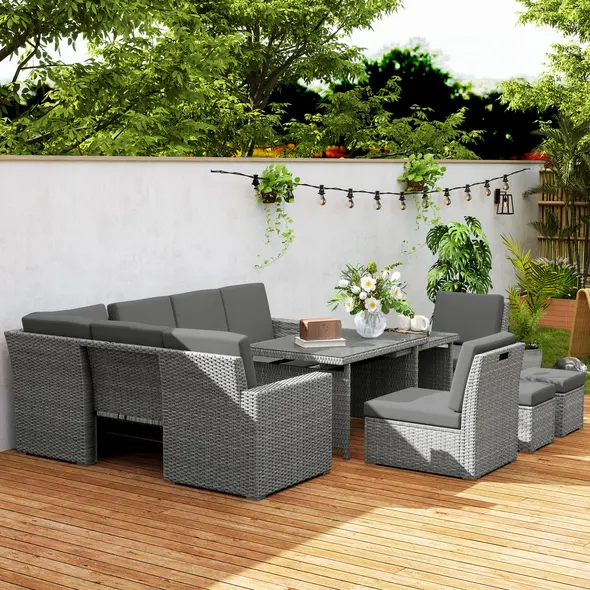 Outsunny Seven-Piece Rattan Garden Sofa Set, with Expanding Table - Light Grey - 9