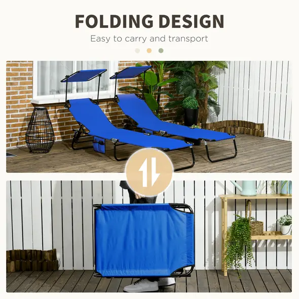 Outsunny Set of Two Folding Sun Loungers, with Adjustable Backs and Sun Canopies - Blue - 5