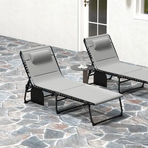 Outsunny Set of Two Reclining Sun Loungers - Light Grey - 8