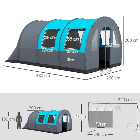 Outsunny Six Man Duo Room Tunnel Tent, with Accessories - Grey/Blue - 3