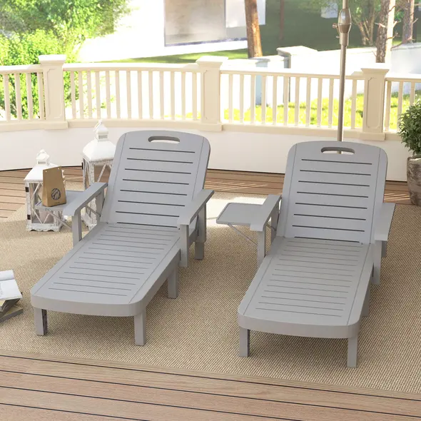 Outsunny Set of 2 Resin Reclining Sun Loungers for Garden, 5 Positions Adjustable Outdoor Chaise Lounge Chairs with Wood Texture Surface, Armrests, Foldable Side Table for Garden, Beach, Light Grey - 8