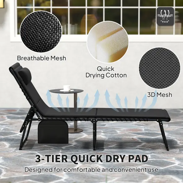 Outsunny Set of Two Reclining Sun Loungers - Black - 6