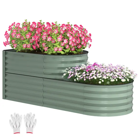 Outsunny Two-Tier Galvanised Steel Garden Planter - Light Green - 1