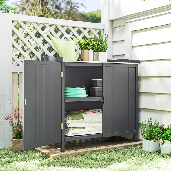 Outsunny Wood Garden Storage Cabinet, Outdoor Tool Shed, Potting Bench Table with Galvanized Top and Two Shelves for Yard Tools or Pool Accessories, Grey - 9