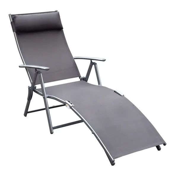 Outsunny Sun Lounger Steel Frame Outdoor Folding Chaise Texteline Lounge Chair Recliner with Headrest & 7 Levels Adjustable Backrest, Grey - 1