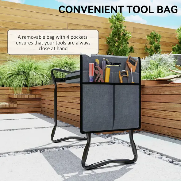 Outsunny Steel Frame Padded Garden Kneeler, with Tool Bag - Grey - 6