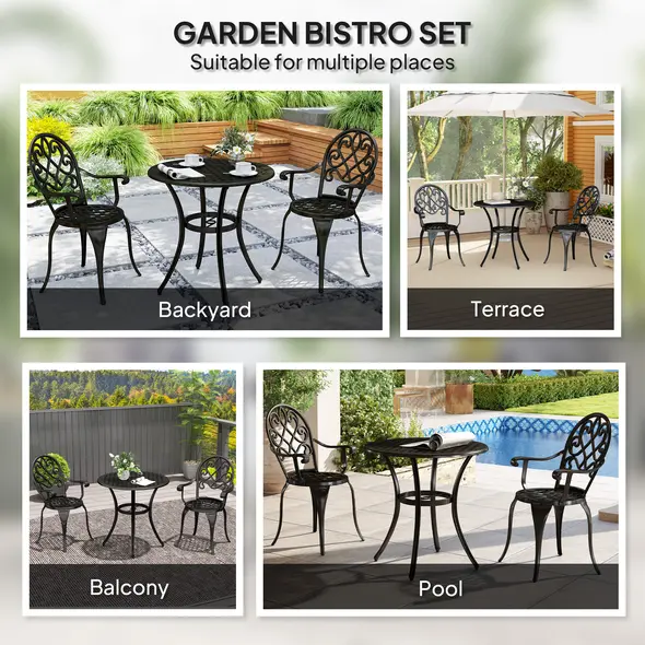 Outsunny Three-Piece Elegant Aluminium Garden Set - Black - 6