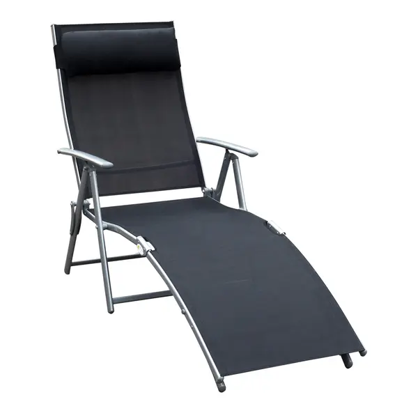 Outsunny Sun Lounger Steel Frame Outdoor Folding Chaise Texteline Lounge Chair Recliner with Headrest & 7 Levels Adjustable Backrest, Black - 1