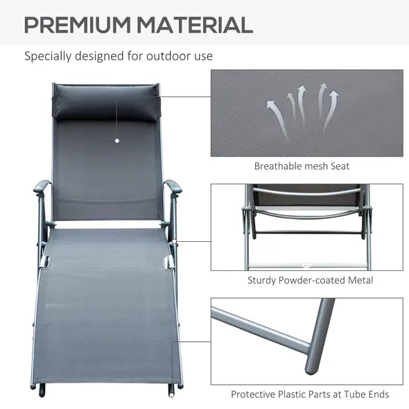 Outsunny Sun Lounger Steel Frame Outdoor Folding Chaise Texteline Lounge Chair Recliner with Headrest & 7 Levels Adjustable Backrest, Grey - 7