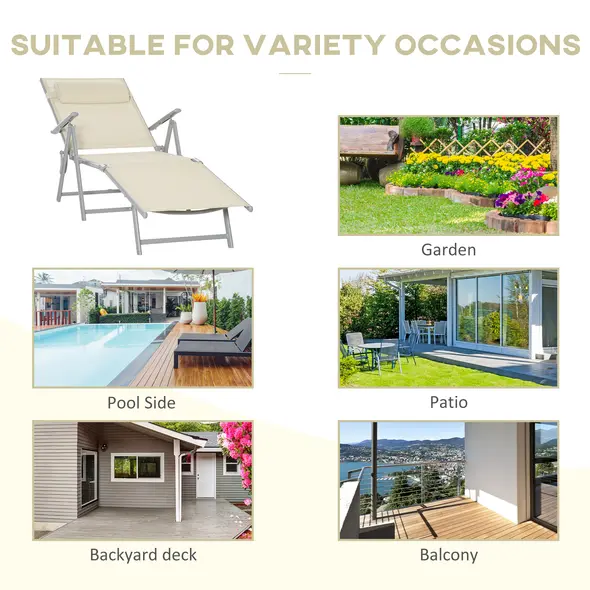 Outsunny Steel Fabric Sun Lounger Outdoor Folding Chaise Lounge Chair Recliner with Portable Design & 7 Adjustable Backrest Positions - Beige - 7