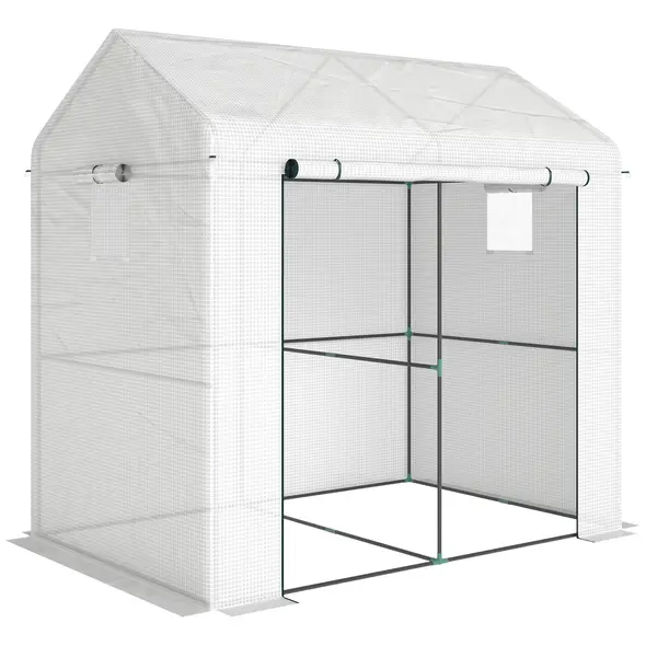 Outsunny Walk-in Greenhouse, Outdoor Tomato Greenhouse with Roll-up Door and Mesh Windows, PE Cover, 200 x 140 x 200cm, White - 1