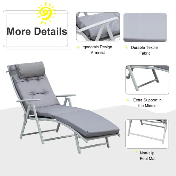 Outsunny Steel Frame Outdoor Garden Padded Sun Lounger w/ Pillow Grey - 4