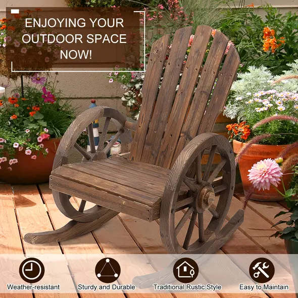 Outsunny Wooden Adirondack  Rocking Chair Reclining Armchair Outdoor Garden Furniture Patio Porch Rocker - Carbonized Wood Colour - 5