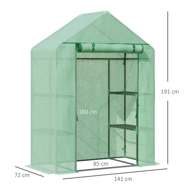 Outsunny Walk In Greenhouse with Shelves, Portable Gardening Plant Grow House for Outdoor with 2 Tier Shelf, Roll-Up Zippered Door, PE Cover, 141 x 72 x 191cm, Green - 3