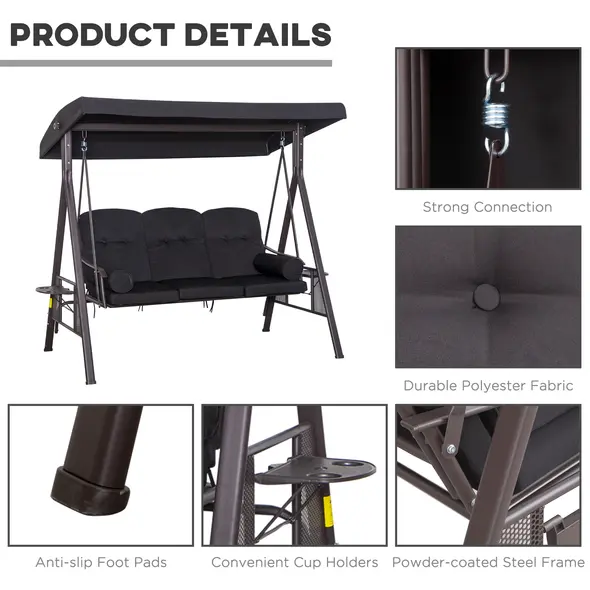 Outsunny Swing Chair Hammock Chair 3 Seater Canopy Cushion Shelter Outdoor Bench Black - 5
