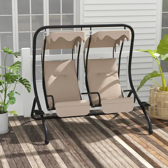 Outsunny Two-Seat Garden Swing Chair, with Protective Canopy - Beige - 2