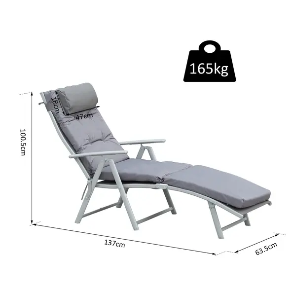 Outsunny Steel Frame Outdoor Garden Padded Sun Lounger w/ Pillow Grey - 3