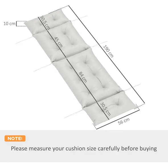 Outsunny Sun Lounger Cushions Only, 190x56x10cm Garden Lounge Chair Cushions, UPF20+ 220gsm Fabric, Thick Sunbed Replacement Pads with 6 Ties, Light Grey - 3