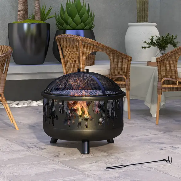 Outsunny Steel Fire Pit BBQ, with Poker - Black - 2