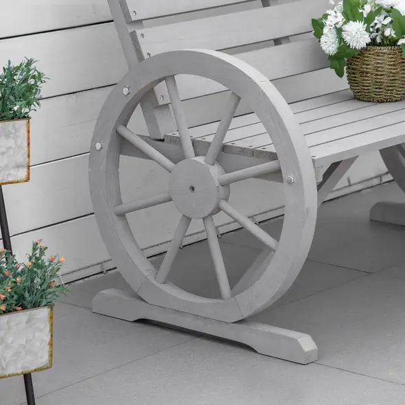 Outsunny Wooden Cart Wagon Wheel 2 Seater Garden Bench Outdoor Garden Armrest Chair Rustic High Back Loveseat Grey - 9