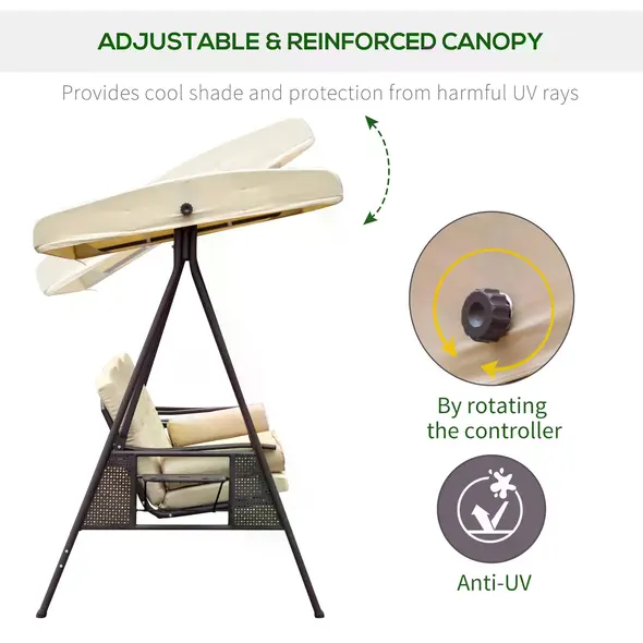 Outsunny Swing Chair Hammock Chair 3 Seater Canopy Cushion Shelter Outdoor Bench Steel Beige - 4