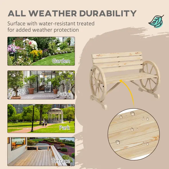 Outsunny Wagon Wheel Chair Bench Armrest Rustic Loveseat Wood Outdoor Garden, Natural - 6