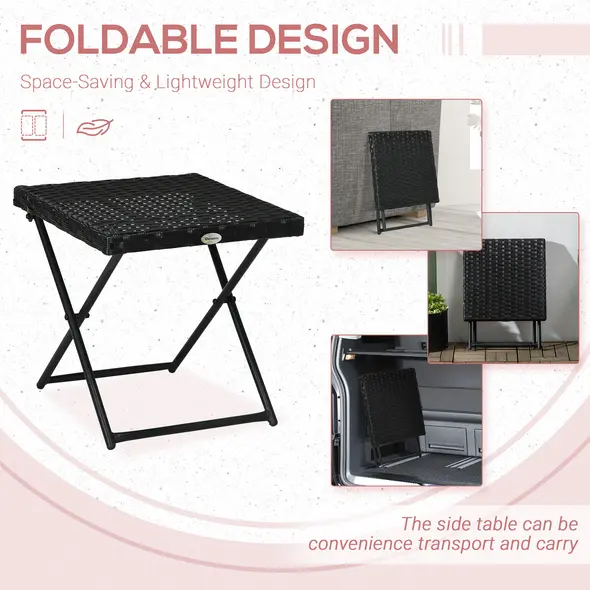 Outsunny Square PE Wicker Rattan Folding Table - Black - 4