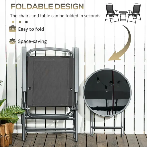 Outsunny Three-Piece Garden Seat Set, with Glass-Top Table - Black - 5