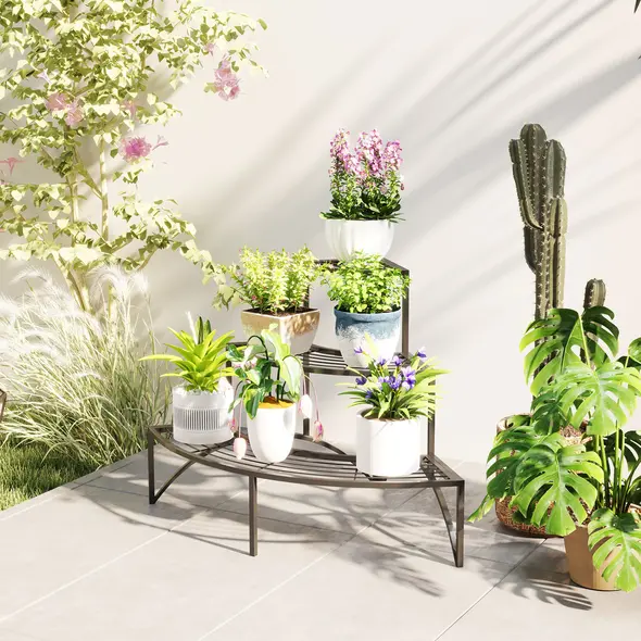 Outsunny Three-Tier Corner Metal Plants Shelves - Black - 9