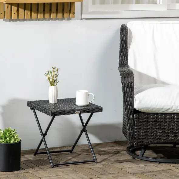 Outsunny Square PE Wicker Rattan Folding Table - Black - 2