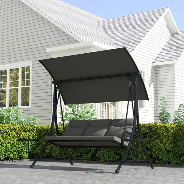 Outsunny Three-Seater Garden Swing, with Adjustable Canopy - Black/Grey - 9