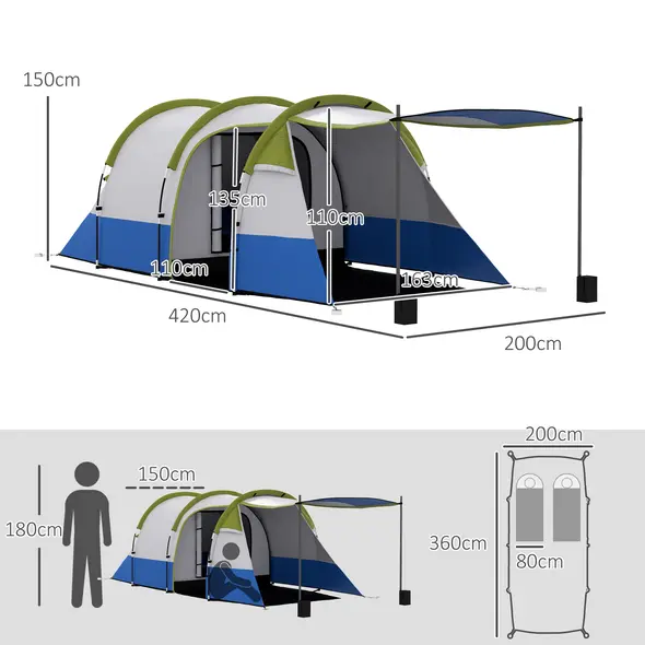 Outsunny Three Man Two-Room Tent, with Porch and Accessories - Green - 3
