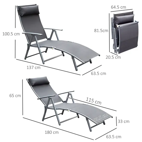 Outsunny Sun Lounger Steel Frame Outdoor Folding Chaise Texteline Lounge Chair Recliner with Headrest & 7 Levels Adjustable Backrest, Grey - 3
