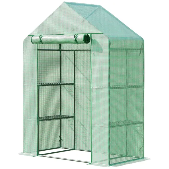 Outsunny Walk In Greenhouse with Shelves, Portable Gardening Plant Grow House for Outdoor with 2 Tier Shelf, Roll-Up Zippered Door, PE Cover, 141 x 72 x 191cm, Green - 1