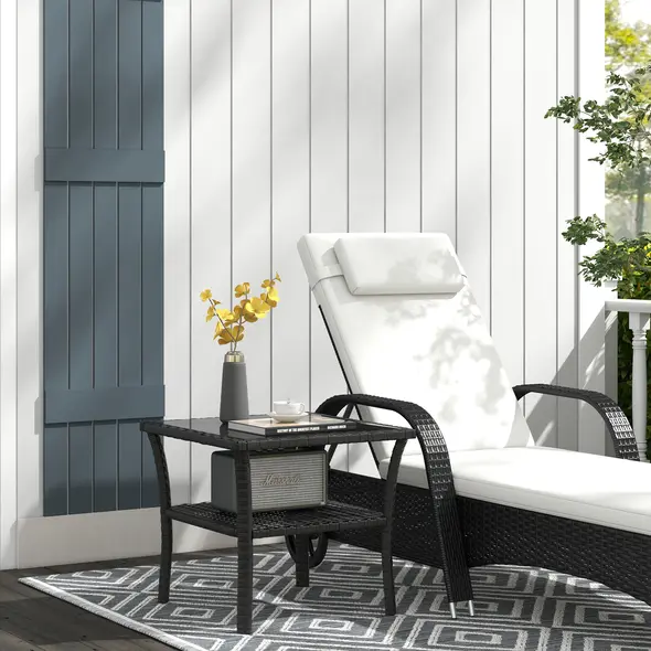 Outsunny Two-tier PE Rattan Square Coffee Table - Black - 2