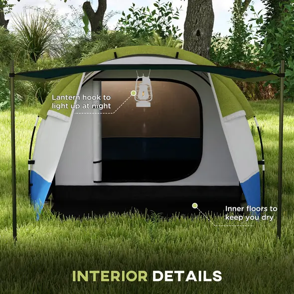 Outsunny Three Man Two-Room Tent, with Porch and Accessories - Green - 6