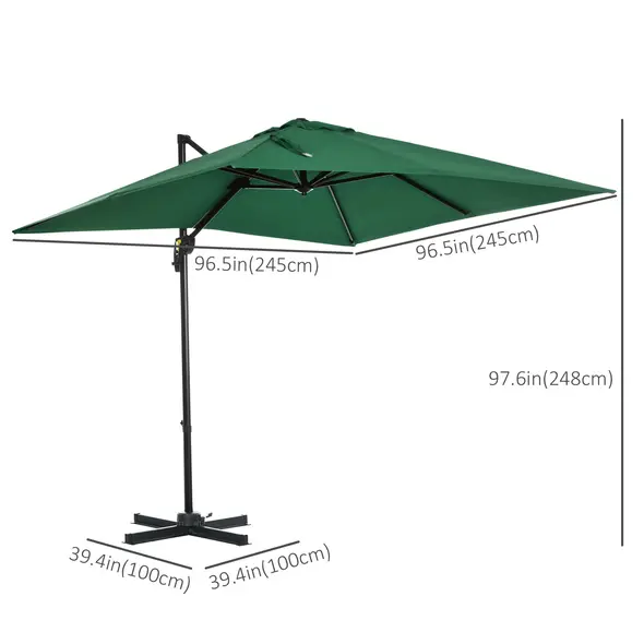 Outsunny Square Umbrella Parasol W/360° Rotation, 245Lx245Wx248H cm-Green - 3