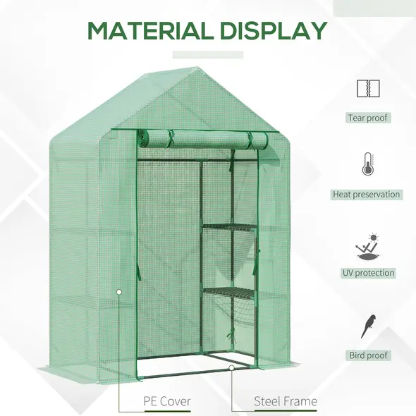 Outsunny Walk In Greenhouse with Shelves, Portable Gardening Plant Grow House for Outdoor with 2 Tier Shelf, Roll-Up Zippered Door, PE Cover, 141 x 72 x 191cm, Green - 4