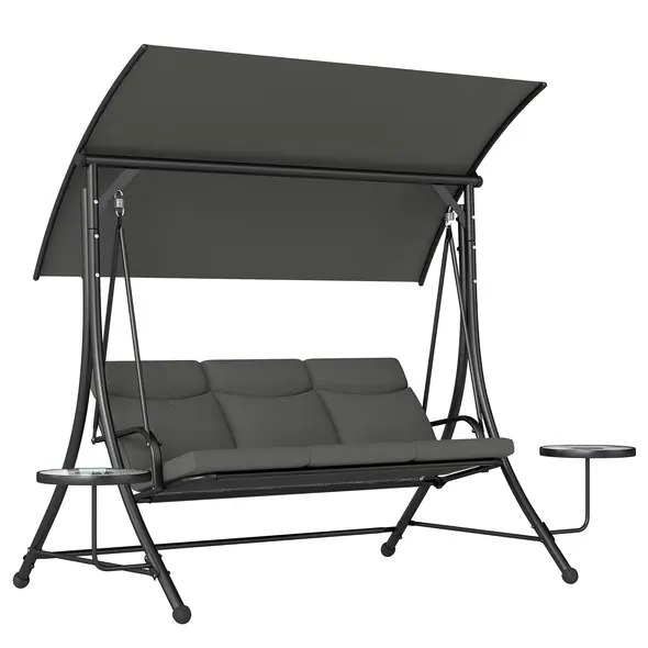 Outsunny Three-Seater Garden Swing, with Adjustable Canopy - Black/Grey - 1