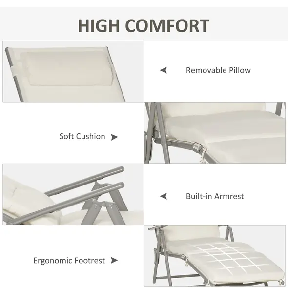 Outsunny Sun Lounger Steel Frame Outdoor Folding Chaise Texteline Lounge Chair Recliner with Headrest & 7 Levels Adjustable Backrest, Cream White - 5