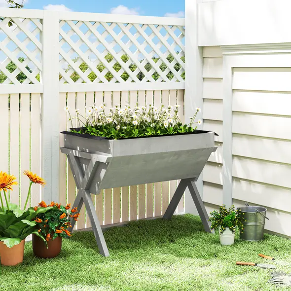 Outsunny Wooden Raised Garden Bed with Bed Liner, Elevated Planter Box with Legs, Light Grey - 2